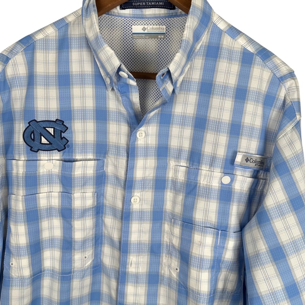 Columbia PFG Super Tamiami UNC Tar Heels Fishing Shirt Blue White Plaid Mens M